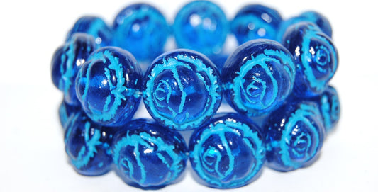 Round With Rose Flower Pressed Glass Beads, Transparent Aqua 46460 (60050 46460), Glass, Czech Republic