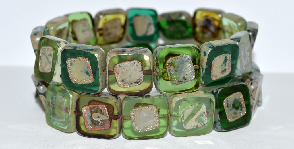 Table Cut Square Beads With Turned Square, Green Mixed Colors 43400 (Green Mix 43400), Glass, Czech Republic