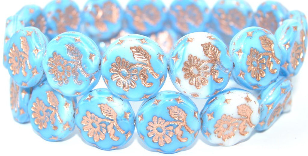 Round Flat With Flower Marguerite Pressed Glass Beads, (7624 54200), Glass, Czech Republic