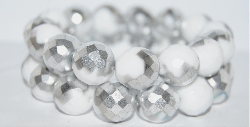 Fire Polished Round Faceted Beads, Chalk White Crystal Silver Half Coating Matte (3000 27001 M), Glass, Czech Republic