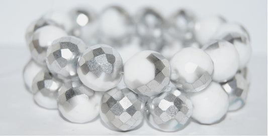 Fire Polished Round Faceted Beads, Chalk White Crystal Silver Half Coating Matte (3000 27001 M), Glass, Czech Republic