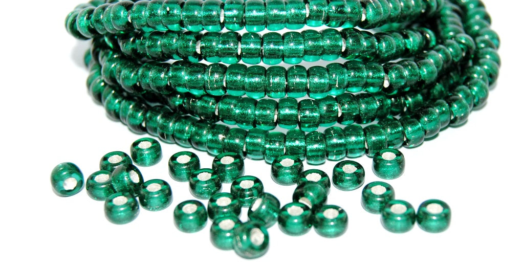 Round Pony Bagel Pressed Glass Beads With Big Hole, Transparent Green Emerald 81800 (50720 81800), Glass, Czech Republic