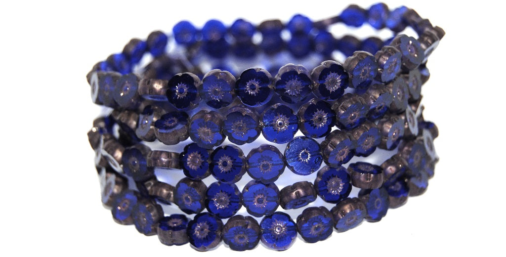 Table Cut Round Beads Hawaii Flowers, Transparent Blue Bronze Matte (30080 14415M), Glass, Czech Republic