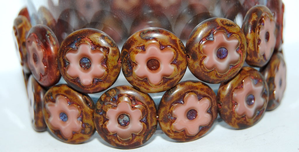 Table Cut Round Beads With Flower, 77603 Travertin (77603 86800), Glass, Czech Republic