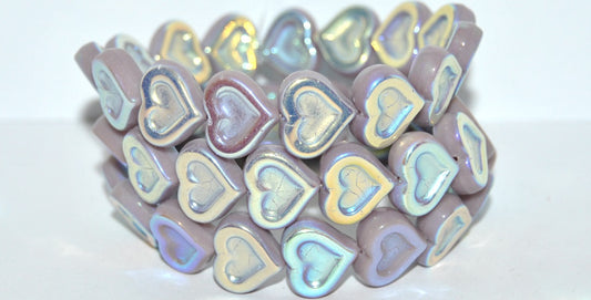 Heart With Heart Pressed Glass Beads, Opaque Amethyst Ab 2Xside (23030 Ab 2Xside), Glass, Czech Republic
