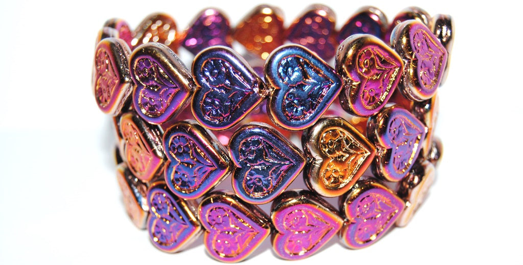 Heart With Flower Pressed Glass Beads, Black 29500 2Xside (23980 29500 2Xside), Glass, Czech Republic