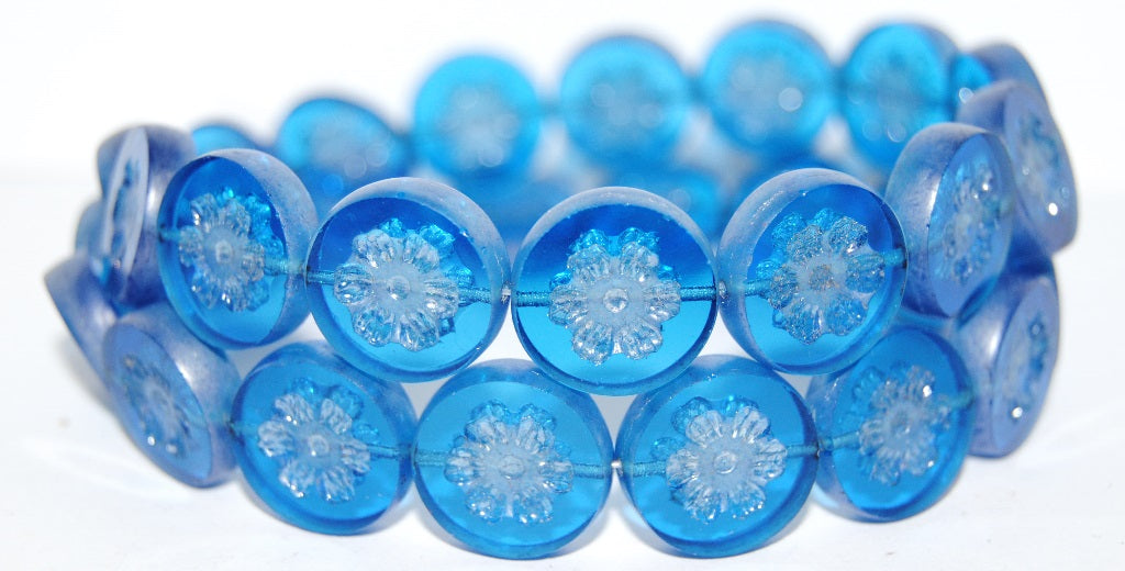 Table Cut Round Beads With Flower, Transparent Aqua Luster Cream (60050 14401), Glass, Czech Republic