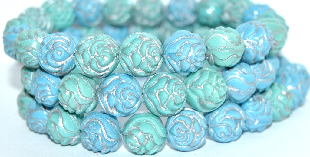 Round Rose Pressed Glass Beads, Mixed Colors Blue 54201 (Mix Blue 54201), Glass, Czech Republic