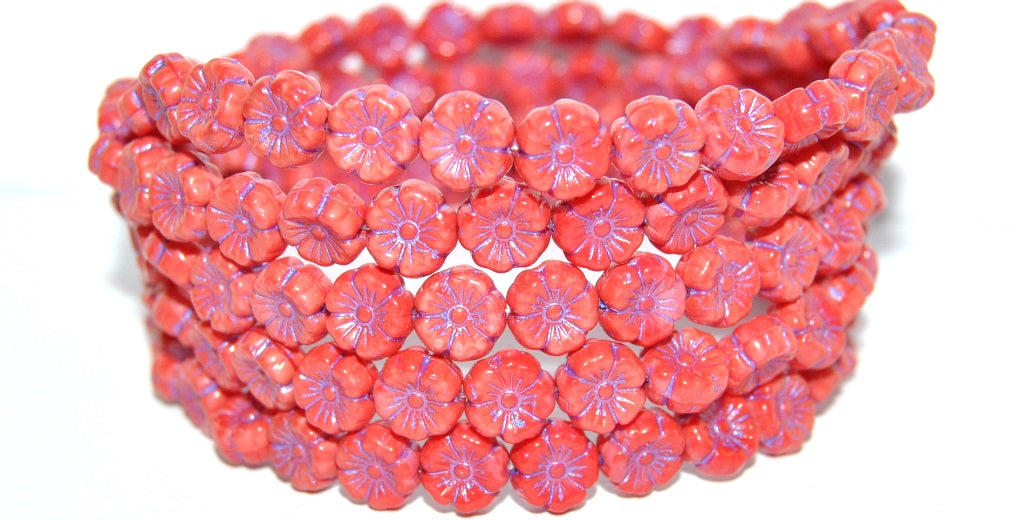 Hawaii Flower Pressed Glass Beads, Red 43809 (93400 43809), Glass, Czech Republic