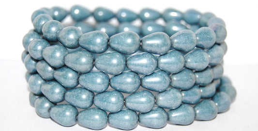 Pear Drop Pressed Glass Beads, Luster Blue Full Coated (14464), Glass, Czech Republic