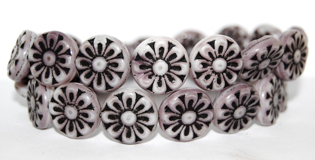 Flat Round With Flower Pressed Glass Beads, (7224 23202), Glass, Czech Republic