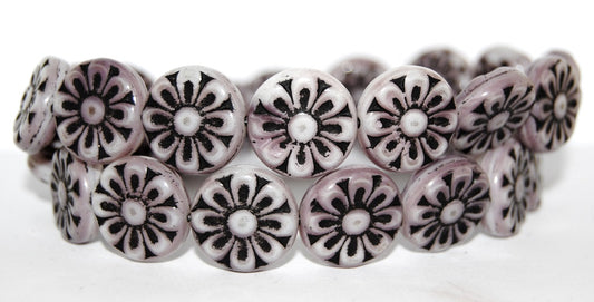 Flat Round With Flower Pressed Glass Beads, (7224 23202), Glass, Czech Republic