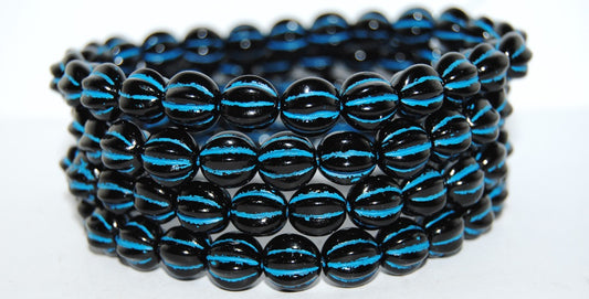 Melon Round Pressed Glass Beads With Stripes, Black 46460 (23980 46460), Glass, Czech Republic