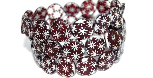Flat Round Coin Pressed Glass Beads, Transparent Red Flower Batika (90100 Flower Batika), Glass, Czech Republic