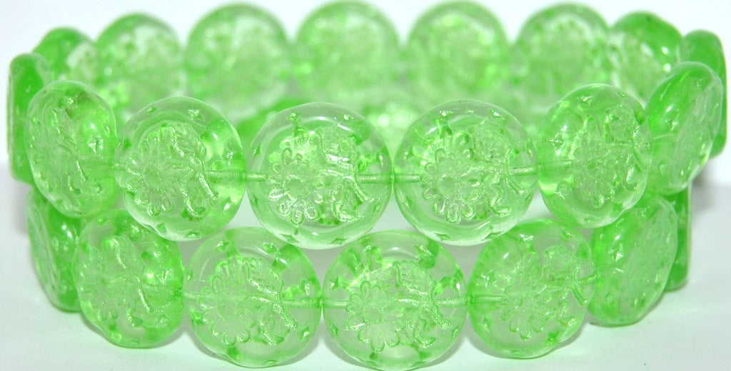 Round Flat With Flower Marguerite Pressed Glass Beads, Transparent Green 43813 Uranium (50800 43813 Uranium), Glass, Czech Republic