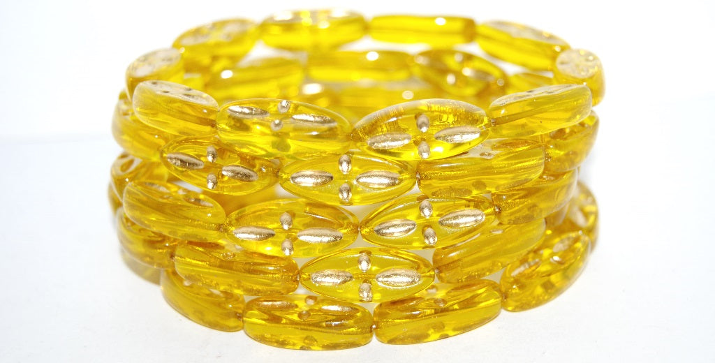 Boat Oval Pressed Glass Beads With Decor, Transparent Yellow 54202 (80010 54202), Glass, Czech Republic