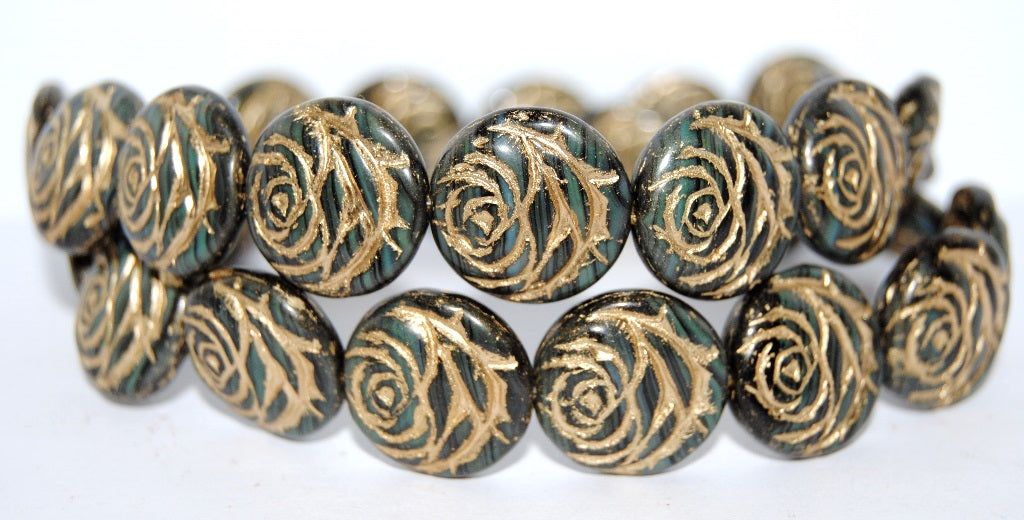 Round Flat Rose Flower Pressed Glass Beads, (17019 54202), Glass, Czech Republic