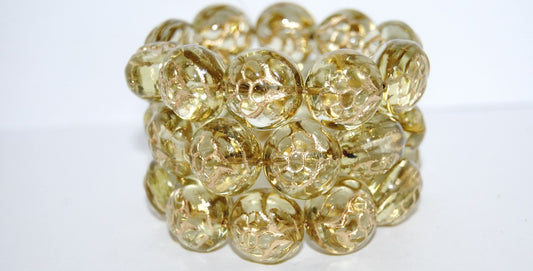 Round With Flower Pressed Glass Beads, Transparent Yellow 54202 (80100 54202), Glass, Czech Republic