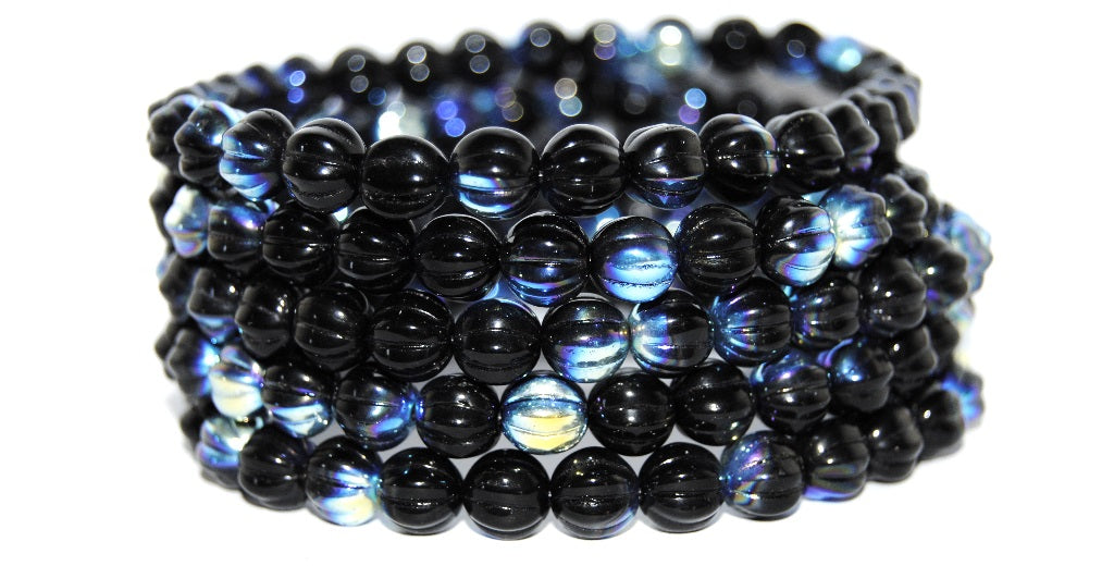 Melon Round Pressed Glass Beads With Stripes, Black Ab (23980 Ab), Glass, Czech Republic