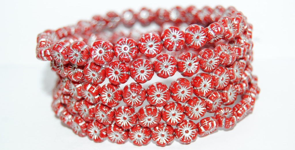 Hawaii Flower Pressed Glass Beads, Red 54201 (93190 54201), Glass, Czech Republic