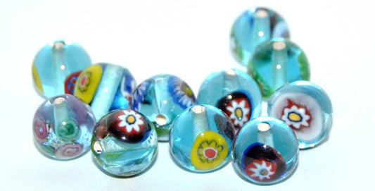 Czech Glass Hand Made Round Lampwork Beads With Flower, (H), Glass, Czech Republic