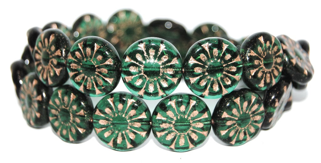 Flat Round With Flower Pressed Glass Beads, Transparent Green Emerald 54200 (50720 54200), Glass, Czech Republic
