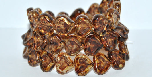 Heart With Heart Pressed Glass Beads, Crystal Travertin (30 86800), Glass, Czech Republic