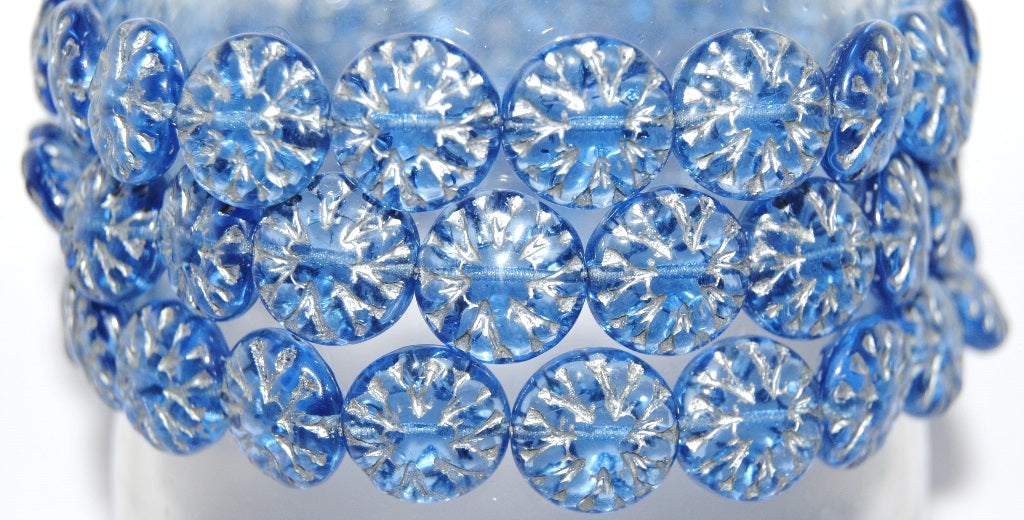 Round Flower Edelweiss Pressed Glass Beads, Transparent Blue 54201 (30020 54201), Glass, Czech Republic