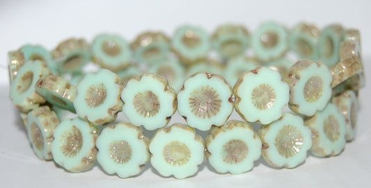 Table Cut Round Beads Hawaii Flowers, Opaque Green 43400 (53100 43400), Glass, Czech Republic