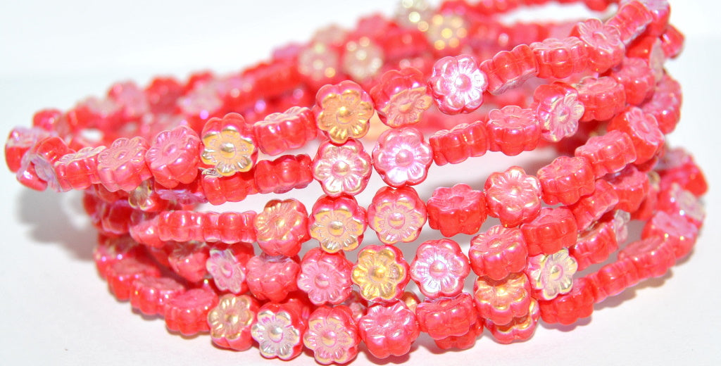 Hawaii Flower Pressed Glass Beads, Red Ab 2Xside (93190 Ab 2Xside), Glass, Czech Republic