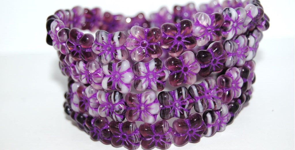 Flower Pressed Glass Beads, Bright Amethyst White Delay 46420 (25016 46420), Glass, Czech Republic