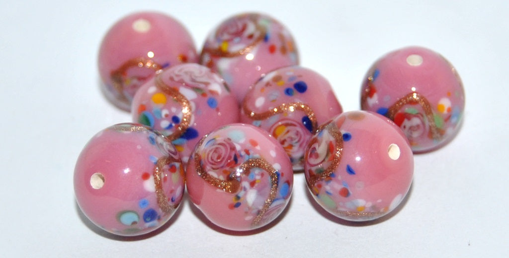 Czech Glass Hand Made Round Lampwork Beads With Flower And Aventurine, (F), Glass, Czech Republic