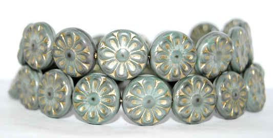 Flat Round With Flower Pressed Glass Beads, (47514 54202), Glass, Czech Republic