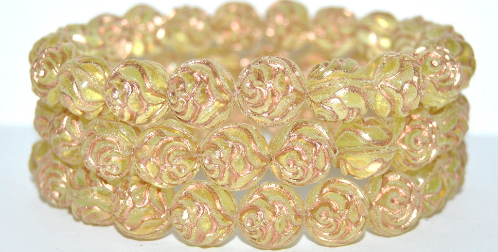 Round Rose Pressed Glass Beads, Transparent Yellow 54200 Antiq Uranium (80130 54200 Antiq Uranium), Glass, Czech Republic