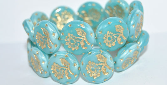 Round Flat With Flower Marguerite Pressed Glass Beads, Opal Aqua 54202 (61300 54202), Glass, Czech Republic