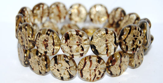 Round Flat With Flower Marguerite Pressed Glass Beads, (18016B 54202), Glass, Czech Republic