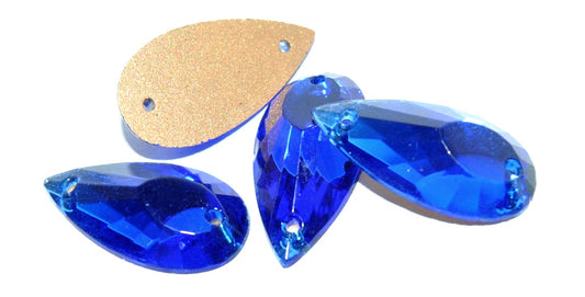 Cabochons Teardrop Faceted Flat Back Sew-On With 2 Holes, (Saphite Similization), Glass, Czech Republic