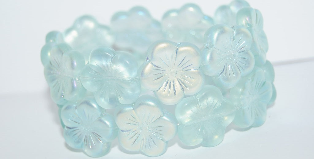 Round Flower Hibiskus Pressed Glass Beads, Transparent Aqua Abm (60010 Abm), Glass, Czech Republic