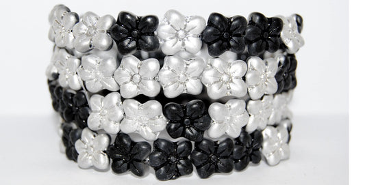 Flower Pressed Glass Beads, Black 27001Mat (23980 27001Mat), Glass, Czech Republic
