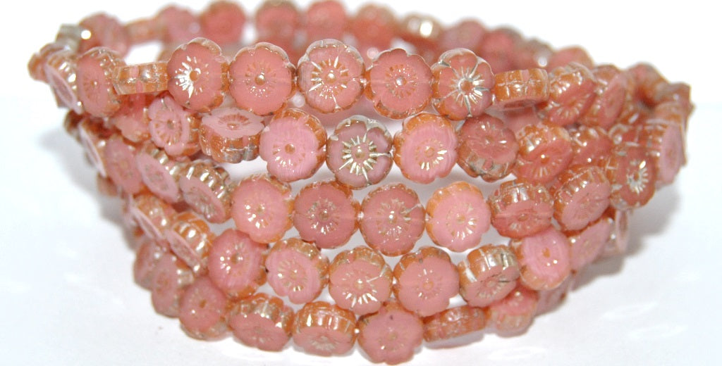 Table Cut Round Beads Hawaii Flowers, Opal Pink 43400 (71010 43400), Glass, Czech Republic