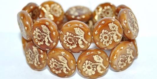 Round Flat With Flower Marguerite Pressed Glass Beads, (17113 54202), Glass, Czech Republic