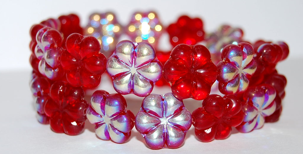 6-Petal Flower Pressed Glass Beads, Ruby Red Ab (90080 Ab), Glass, Czech Republic