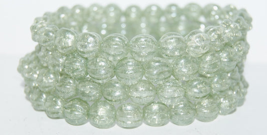 Melon Round Pressed Glass Beads With Stripes, Luster Green Full Coated Crack (14457 Crack), Glass, Czech Republic