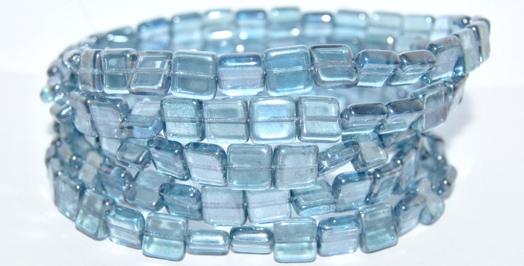 Flat Square Pressed Glass Beads, Crystal Luster Blue Full Coated (30 14464), Glass, Czech Republic