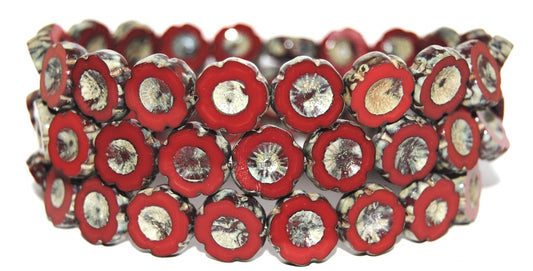 Table Cut Round Beads Hawaii Flowers, Red 43400 (93190 43400), Glass, Czech Republic