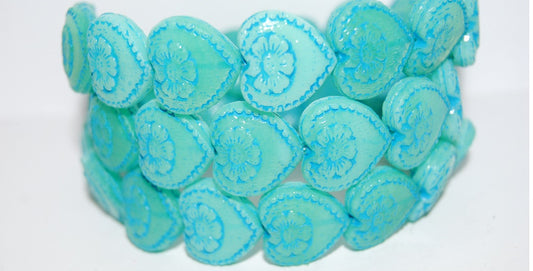 Heart With Flower Pressed Glass Beads, Opal Aqua 46460 (61100 46460), Glass, Czech Republic