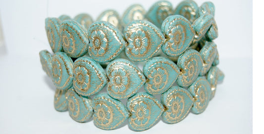 Heart With Flower Pressed Glass Beads, Turquoise Blue 54202 Antiq (63030 54202 Antiq), Glass, Czech Republic