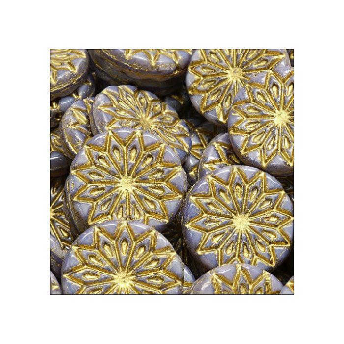 Pressed Czech glass beads origami flower round big with ornament Gray Gold Glass Czech Republic