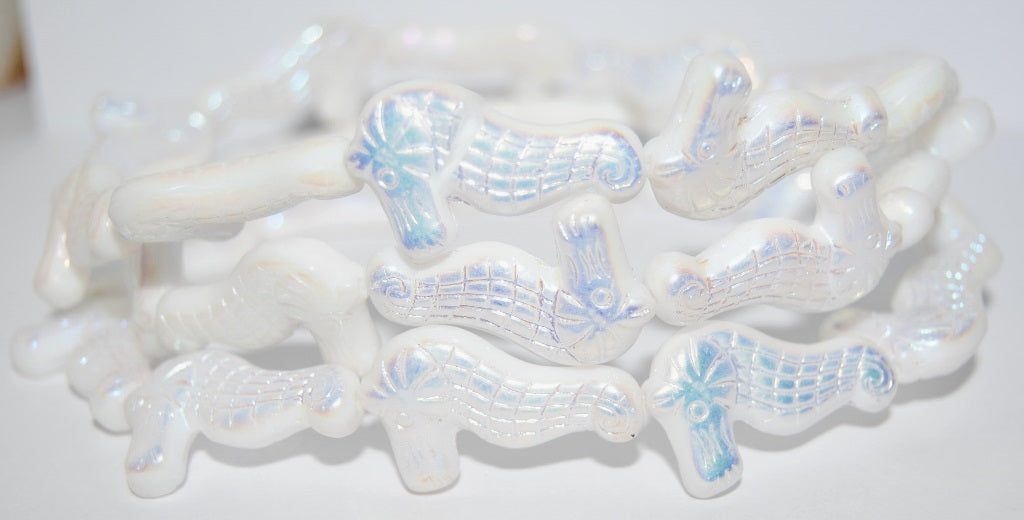 Seahorse Pressed Glass Beads, White Ab2X (2010 Ab2X), Glass, Czech Republic