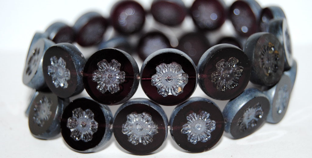 Table Cut Round Beads With Flower, Transparent Amethyst Luster Cream (20080 14401), Glass, Czech Republic